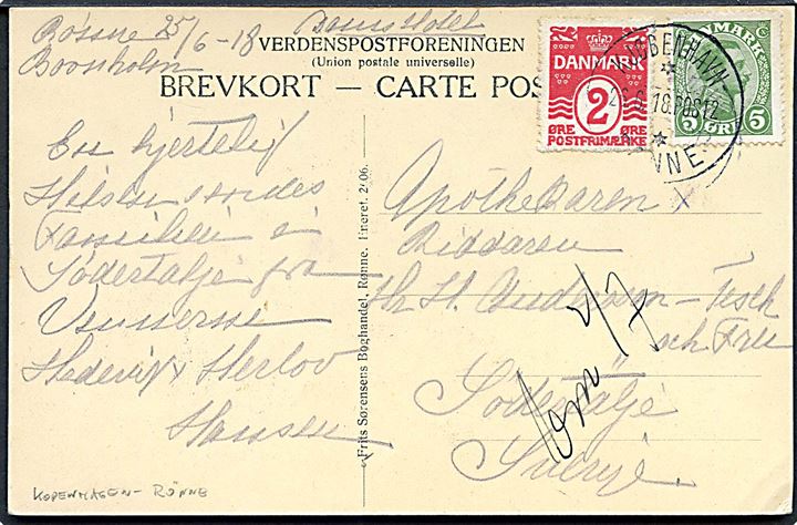2 øre Bølgelinie og 5 øre Chr. X på brevkort fra Rønne annulleret med sejlende bureaustempel Kjøbenhavn - ** Rønne POST2 d. 26.6.1918 til Södertälje, Sverige.