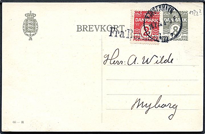 8 øre helsagsbrevkort (fabr. 66-H) opfrankeret med 2 øre Bølgelinie annulleret med skibsstempel Fra Bornholm og sidestemplet Kjøbenhavn d. 20.2.1922 (?) til Nyborg. På bagsiden fortrykt rejse-advis.