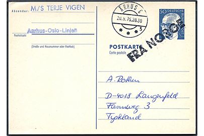 Tysk 50 pfg. helsagsbrevkort annulleret med skibsstempel Fra Norge og sidestemplet Århus C. d. 20.9.1975 til Langenfeld, Tyskland. Filatelistisk forsendelse fra M/S Terje Vigen på Aarhus-Oslo Linjen.