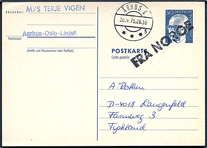 Tysk 50 pfg. helsagsbrevkort annulleret med skibsstempel Fra Norge og sidestemplet Århus C. d. 20.9.1975 til Langenfeld, Tyskland. Filatelistisk forsendelse fra M/S Terje Vigen på Aarhus-Oslo Linjen.
