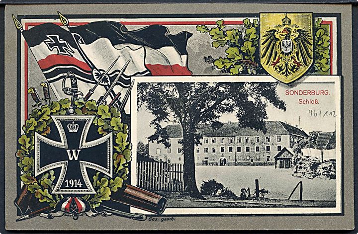 Ufrankeret marinefeltpost brevkort (Sønderborg slot) dateret Ostsee d. 20.11.1915 til Frankfurt a/d Oder. Tydeligt Briefstemel: Kaiserlische Marine / Kommando S.M.Hilfskriegsschiff Prinz Sigismund. Skibet var indtil 1. verdenskrig postdamper på ruten Korsør-Kiel.