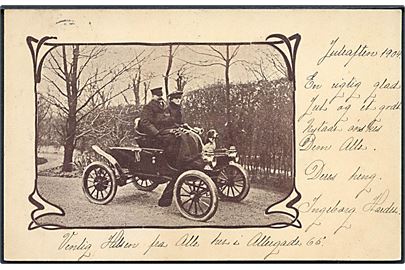 Tidlig dansk automobil på kartonkort anvendt som julekort fra Odense 1904. U/no.