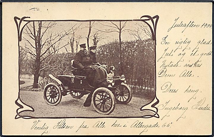 Tidlig dansk automobil på kartonkort anvendt som julekort fra Odense 1904. U/no.