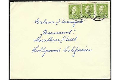 15 øre Chr. X (3) på brev fra Store .... d. 12.11.1947 til skuespilleren Babara Stanwyck i Hollywood, USA.