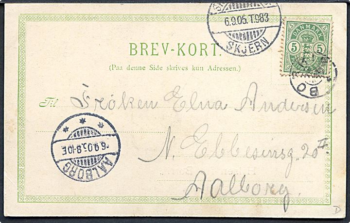 Hilsen fra Borris. U/no. Frankeret med 5 øre Våben annulleret med stjernestempel BORRIS og sidestemplet Skanderborg - Skjern T.983 d. 6.9.1906 til Aalborg.