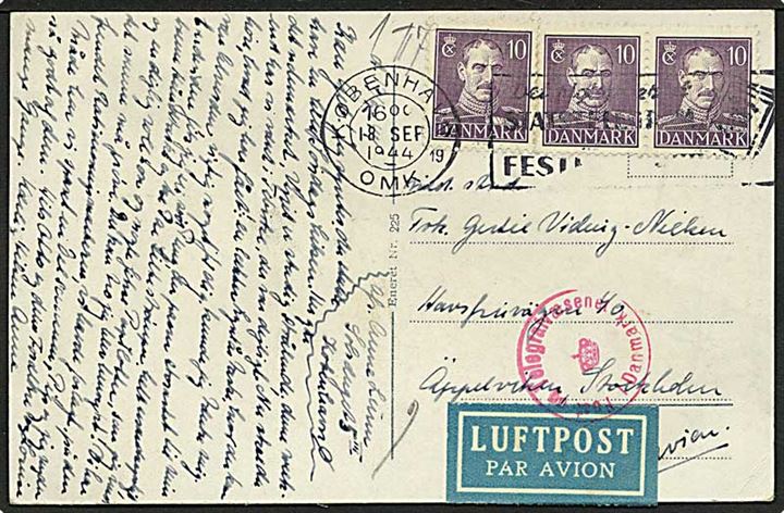 10 øre Chr. X (3) på luftpost brevkort fra København d. 18.9.1944 til Äppelviken, Stockholm, Sverige. Dansk censur.