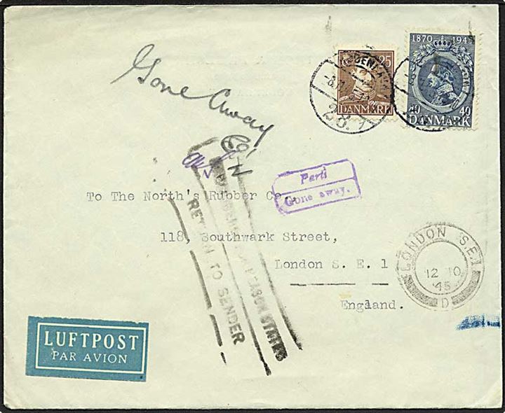 25 øre Chr. X og 40 øre Chr. X 75 år på luftpostbrev fra København d. 8.11.1945 til London, England. Retur med stempel Gone Away.