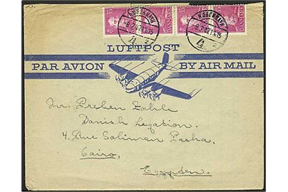 35 øre Chr. X i 4-stribe på luftpostbrev fra København d. 8.2.1947 til danske legation i Cairo, Egypten.