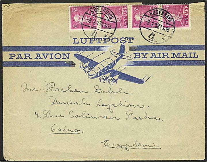 35 øre Chr. X i 4-stribe på luftpostbrev fra København d. 8.2.1947 til danske legation i Cairo, Egypten.