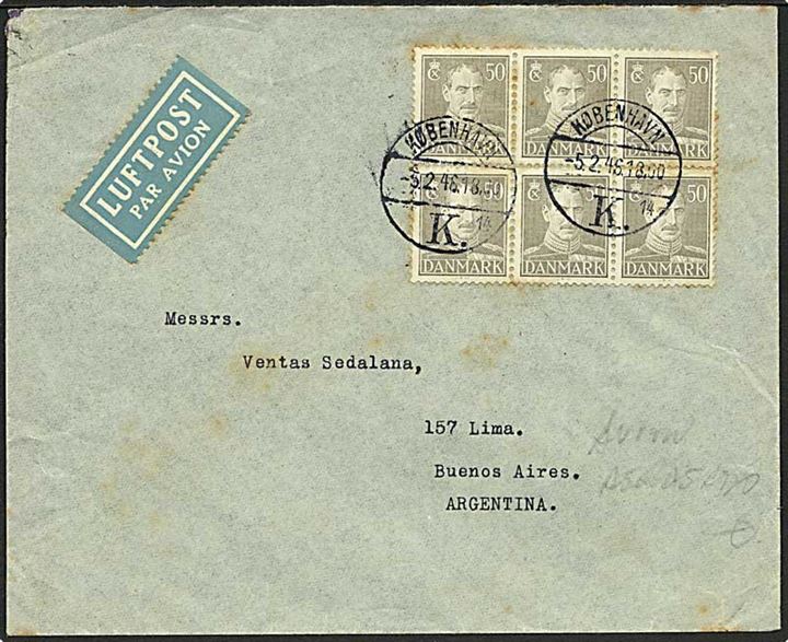 50 øre Chr. X i 6-blok på 3 kr. frankeret luftpostbrev fra København d. 5.2.1946 til Buenos Aires, Argentina.