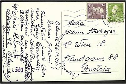 10 øre og 15 øre Chr. X på brevkort fra Odense d. 27.10.1947 til Wien, Østrig. Østrigsk efterkrigscensur.