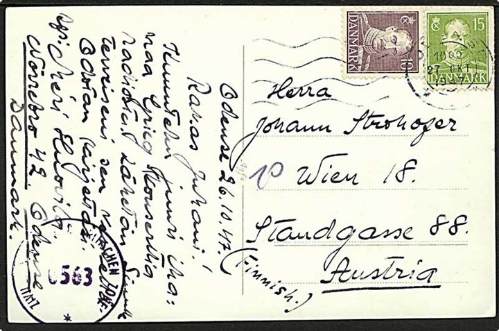 10 øre og 15 øre Chr. X på brevkort fra Odense d. 27.10.1947 til Wien, Østrig. Østrigsk efterkrigscensur.