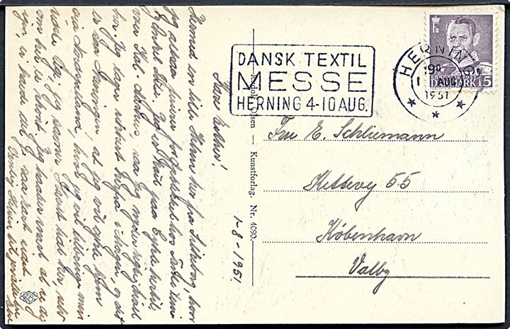 15 øre Fr. IX på brevkort (Silkeborg med Hjejlen) annulleret med TMS Dansk Textil Messe Herning 4-10 Aug./Herning *** 1.8.1951 til København.