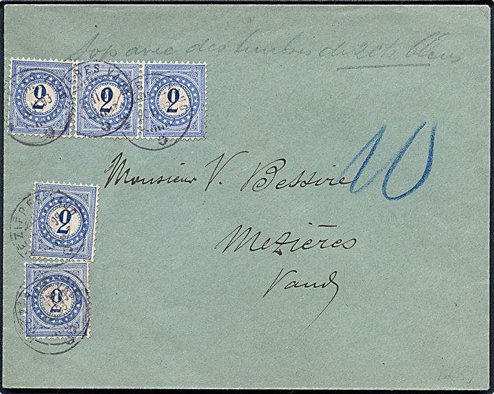 Ufrankeret brev til Mezieres Vaud udtakseret i porto med 2 c. (5) Portomærker annulleret Meziers Vaud d. 20.2.1898.