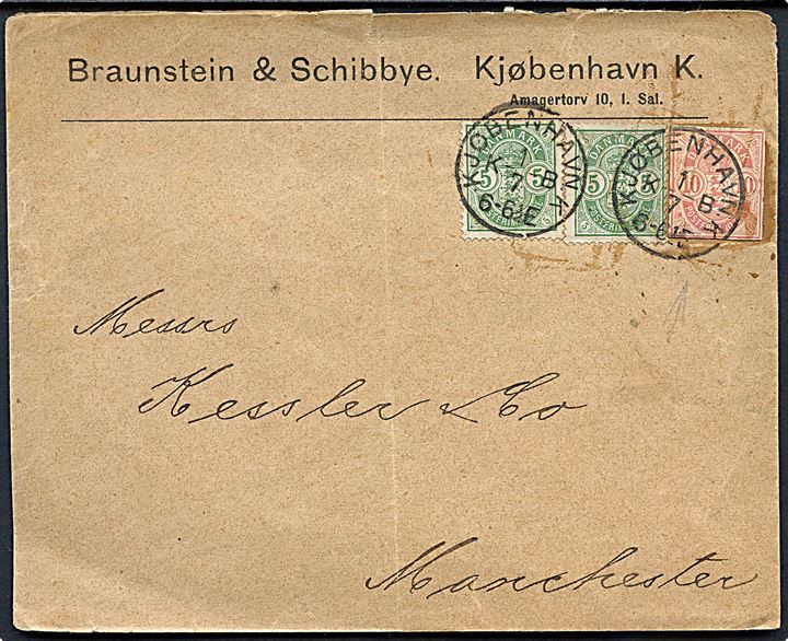 5 øre Våben (2) og 10 øre Våben helsagsafklip på brev annulleret med lapidar Kjøbenhavn K. KB d. 1.7.1891 til Manchester, England.