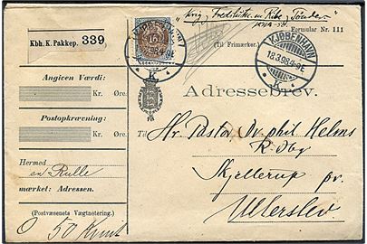 16 øre Tofarvet omv. rm. single på adressebrev for pakke fra Kjøbenhavn d. 18.3.1898 til Skjellerup pr. Ullerslev.