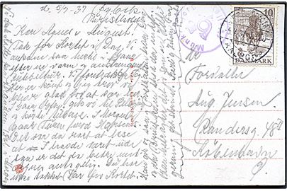10 øre Regentjubilæum på brevkort (Vejle, Udsigt fra Bybæk) annulleret med bureaustempel Fredericia - Aalborg T.20 d. 5.7.1937 og sidestemplet med posthornstempel Munkebjerg (Vejle) til København.