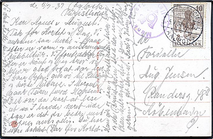 10 øre Regentjubilæum på brevkort (Vejle, Udsigt fra Bybæk) annulleret med bureaustempel Fredericia - Aalborg T.20 d. 5.7.1937 og sidestemplet med posthornstempel Munkebjerg (Vejle) til København.
