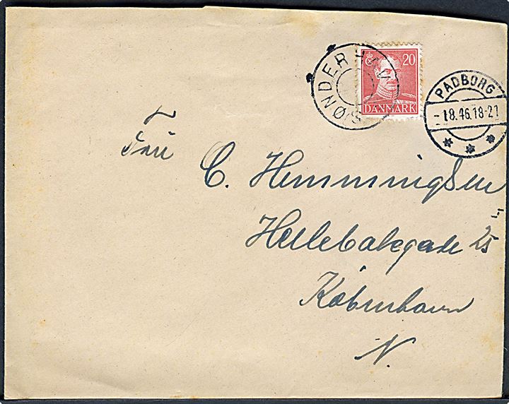 20 øre Chr. X på brev fra Kollund annulleret med udslebet stjernestempel SØNDERHAV og sidestemplet Padborg d. 1.8.1946 til København.