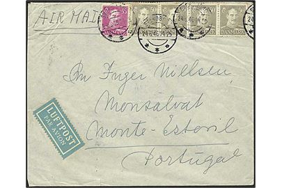 35 øre og 50 øre (4) Chr. X på 2,35 kr. frankeret luftpostbrev fra Svendborg d. 24.6.1946 til Monte Estoril, Portugal.