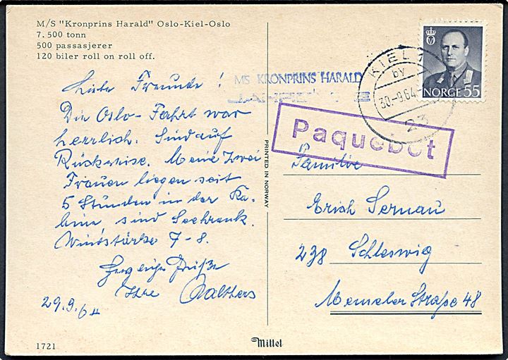 55 øre Olav på brevkort (M/S Kronprins Harald Oslo - Kiel) annulleret med tysk stempel i Kiel d. 30.9.1964 og sidestemplet Paquebot til Schleswig, Tyskland.