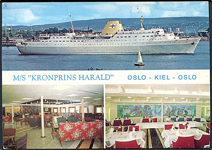 55 øre Olav på brevkort (M/S Kronprins Harald Oslo - Kiel) annulleret med tysk stempel i Kiel d. 30.9.1964 og sidestemplet Paquebot til Schleswig, Tyskland.