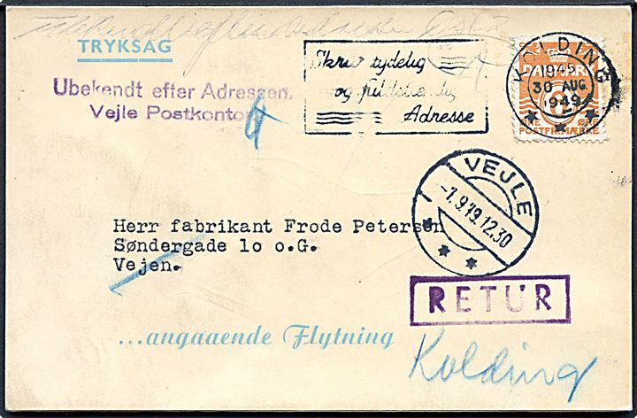 6 øre Bølgelinie på reklame-tryksagskort fra Kolding d. 30.8.1949 til Vejle. Retur med stempel Ubekendt efter Adressen. Vejle Postkontor.