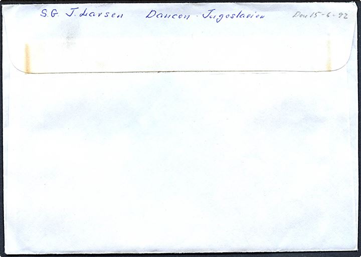 4,75 kr. Nordia 94 på brev annulleret med kontorstempel: Headquarters Company DANCON/UNPROFOR til Årslev, Danmark. Fra dansk FN-soldat i Jugoslavien d. 15.6.1992.