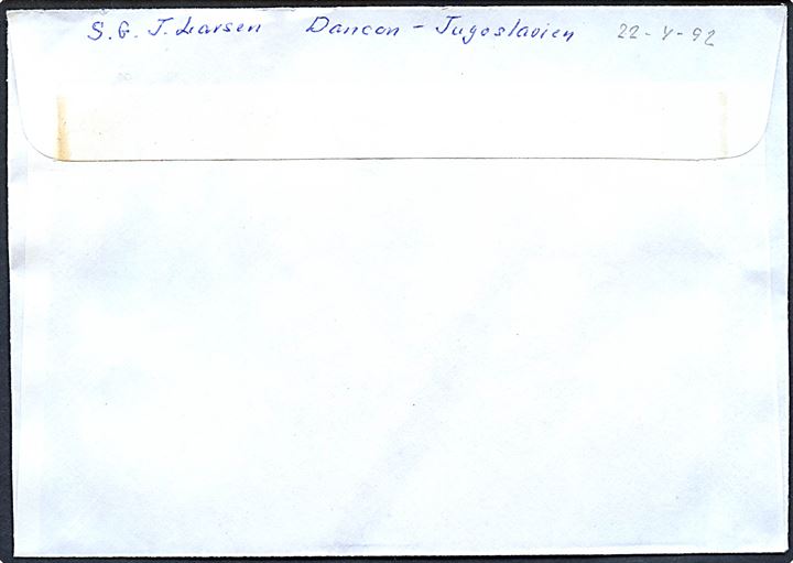 4,75 kr. Maleri på brev annulleret med kontorstempel: Headquarters Company DANCON/UNPROFOR til Årslev, Danmark. Fra dansk FN-soldat i Jugoslavien d. 22.4.1992.