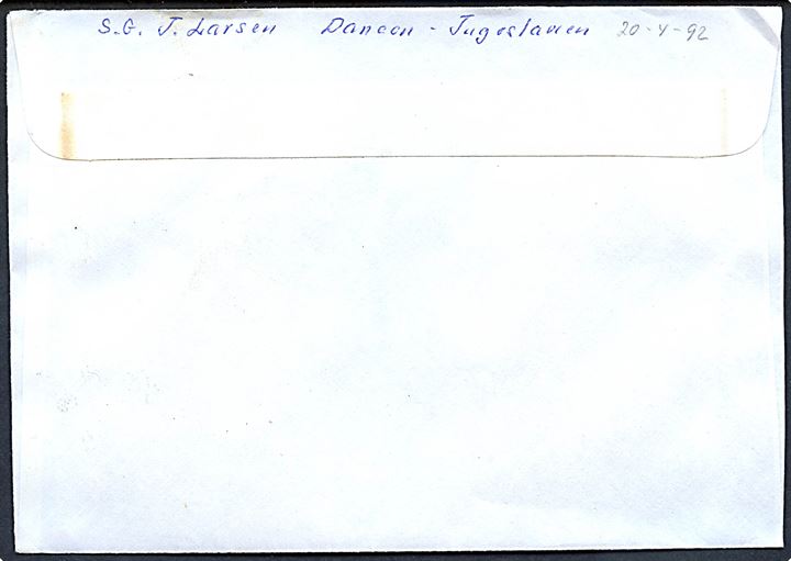 4,75 kr. Nationalmuseet på brev annulleret med kontorstempel: Headquarters Company DANCON/UNPROFOR til Årslev, Danmark. Fra dansk FN-soldat i Jugoslavien d. 20.4.1992.