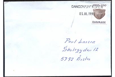 3,50 kr. Nationalmuseet på brev annulleret med kontorstempel: DANCON/UNPROFOR d. 3.7.1992 til Årslev, Danmark. Fra dansk FN-soldat i Jugoslavien.