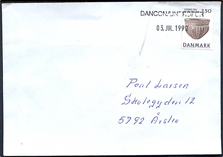 3,50 kr. Nationalmuseet på brev annulleret med kontorstempel: DANCON/UNPROFOR d. 3.7.1992 til Årslev, Danmark. Fra dansk FN-soldat i Jugoslavien.