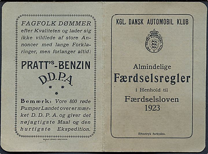 Almindelige Færdselsregler i henhold til Færdselsloven 1923. Lille brochure fra Kgl. Dansk Automobil Klub.