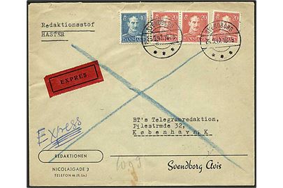 20 øre (3) og 40 øre Chr. X på 1 kr. frankeret ekspresbrev fra Svendborg d. 24.9.1947 til København. Påskrevet: Redaktionsstof HASTER.