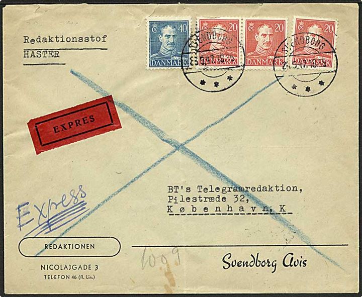 20 øre (3) og 40 øre Chr. X på 1 kr. frankeret ekspresbrev fra Svendborg d. 24.9.1947 til København. Påskrevet: Redaktionsstof HASTER.