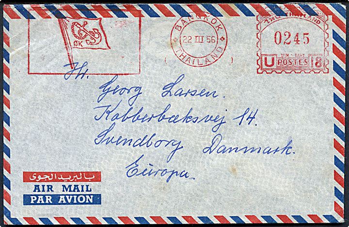 2,45 baht firmafranko fra firma Østasiatisk Kompagni (ØK) i Bangkok d. 22.3.1956 på luftpostbrev fra sømand ombord på M/S Kina til Svendborg, Danmark.