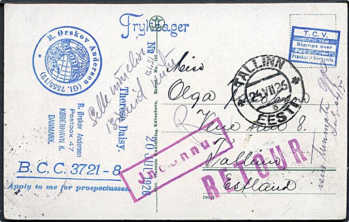 7 øre Bølgelinie på brevkort sendt som tryksag fra København d. 20.7.1926 til Tallinn, Estland. Retur som ubekendt.