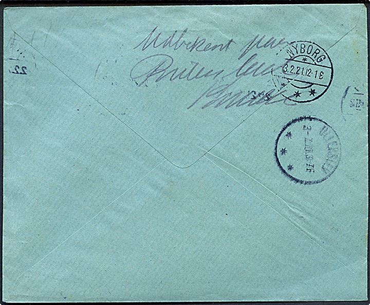 10 øre Chr. X (2) på brev fra Nyborg d. 2.2.1921 til Bøgeskov pr. Ullerslev. Retur med påskrift Ubekendt på Ruten og brotype IIIb Ullerslev d. 3.2.1921.