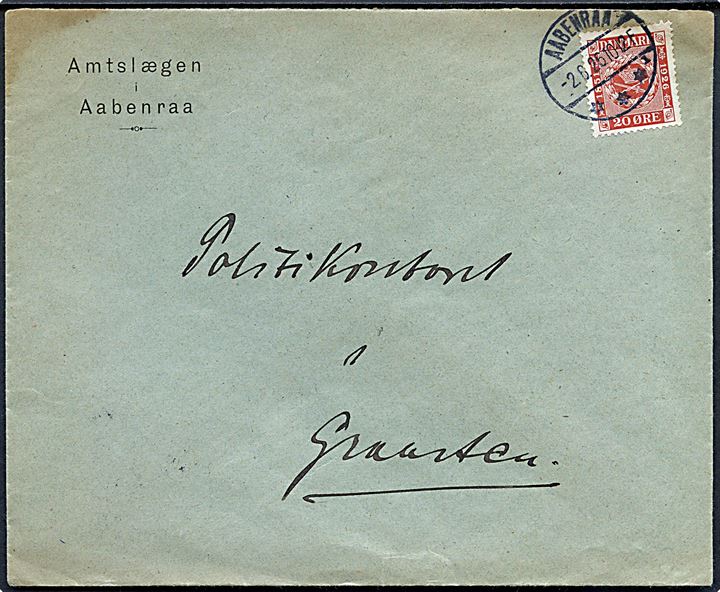20 øre Frimærkejubilæum på brev annulleret med brotype IVb Aabenraa sn1 d. 2.6.1925 til Graasten.