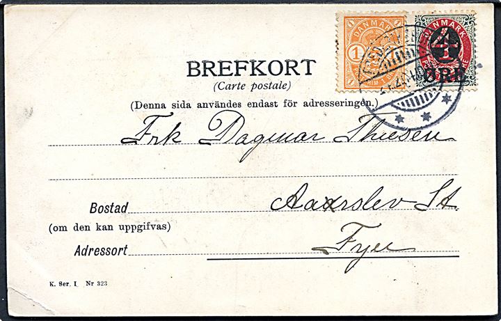 1 øre Våben og 4/8 øre Provisorium på brevkort fra Frederiksborg d. 24.2.1904 til Aarslev.