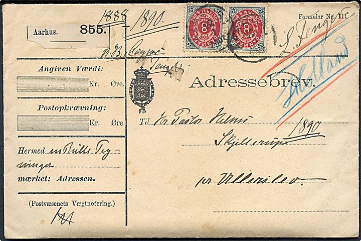 8 øre Tofarvet i parstykke på adressebrev for pakke fra Aarhus d. 22.7.1890 til Skjellerup pr. Ullerslev. Frimærker yderligt placeret og et mærke med mgl. hj.tak.