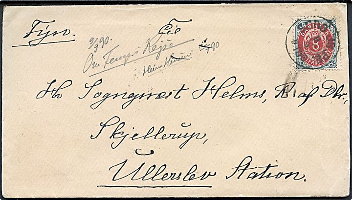 8 øre Tofarvet på brev annulleret med lapidar Sorø JB.P.E. d. 9.9.1890 til Skjellerup pr. Ullerslev Station.