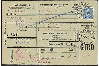 40 øre Chr. X single på retur Indkasserings-Indbetalingskort sendt lokalt i København d. 29.6.1944. 
