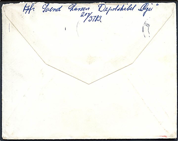 30 øre Fr. IX på brev annulleret Rønne d. 12.1.1954 til Svendborg. Sendt fra menig ombord på søværnets depotskib Ægir. Tidligere tysk depotskib Tanga, som efter krigen blev overtaget af den danske flåde.