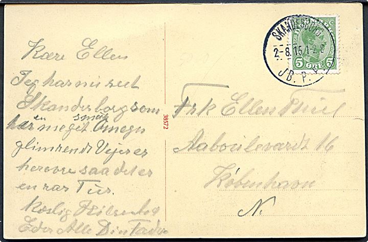 5 øre Chr. X på brevkort annulleret med brotype IIIb Skanderborg JB.P.E. d. 2.8.1915 til København.