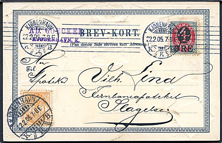 1 øre Våben og 4/8 øre Provisorium på prægekort med danske frimærker fra Kjøbenhavn d. 22.2.1905 til Slagelse.