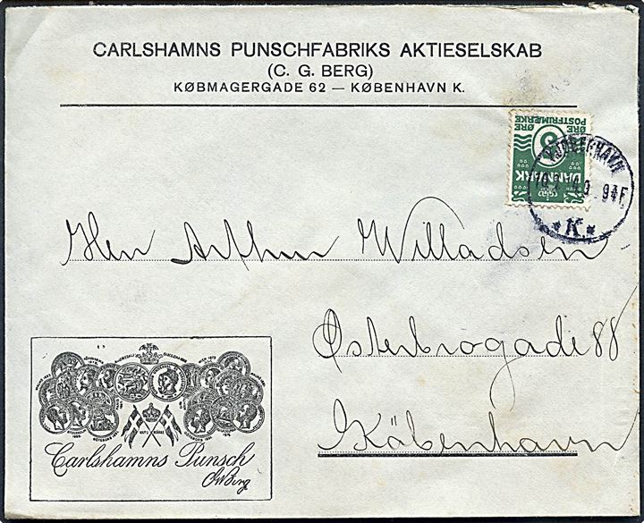 5 øre Bølgelinie på illustreret firmakuvert Carlshamns Punschfabriks Aktieselskab sendt lokalt i Kjøbenhavn d. 10.3.1914.