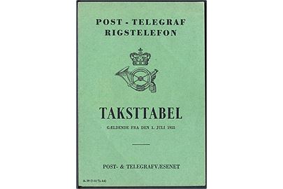 Post- & Telegrafvæsenet Taksttabel gældende fra d. 1.7.1955. Formular A.39 (1-55 2/3 A4). 