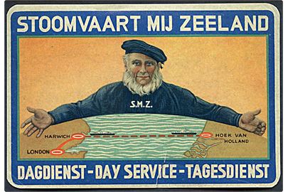 Reklame mærkat Stoomvaart mij Zeeland (S.M.Z.) for dagssejlads mellem Hook van Holland og Harwich. Rift.