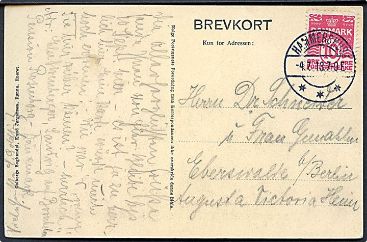 10 øre Bølgelinie på brevkort annulleret med tydeligt brotype IIa Hammershus d. 4.7.1913 til Eberswalde b/ Berlin, Tyskland.